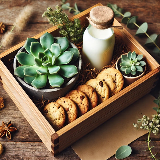 Earth & Indulge (Succulents, Cookies & Milk Alternative in a Wooden Box)